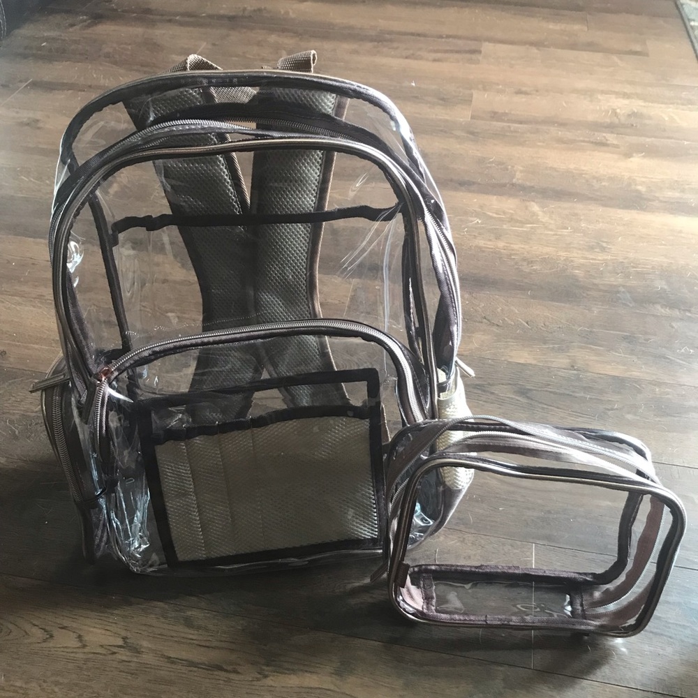 Clear backpack with rose gold accents